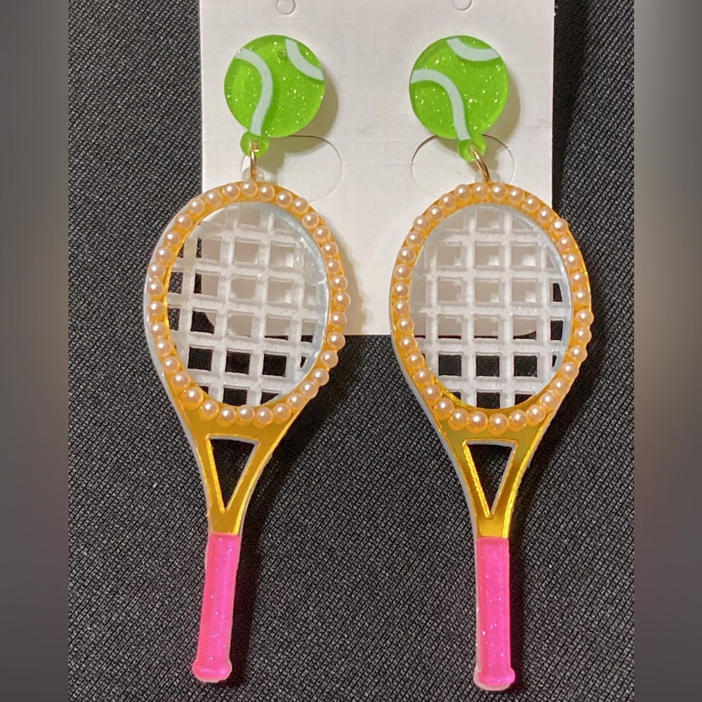 COPY - TENNIS BALL & RACKET NOVELTY DANGLE EARRINGS WITH POST FITTING